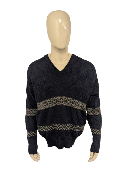 Vintage MRH Wollpullover mit V-Ausschnitt – dunkelblau/braun/grün – Größe XL