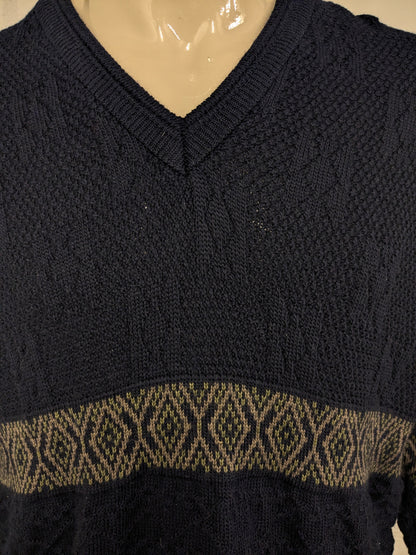 Vintage MRH Wollen trui met V-Hals. Donker Blauw Bruin Groen gekleurd. Maat XL.