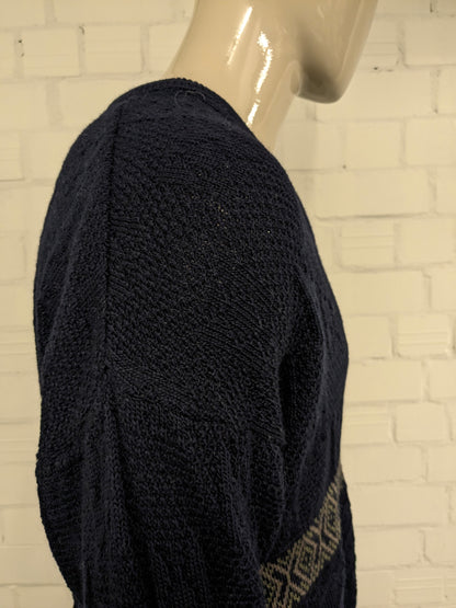 Vintage MRH Wollen trui met V-Hals. Donker Blauw Bruin Groen gekleurd. Maat XL.