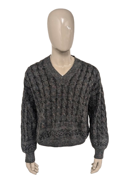 Vintage Castella V-Ausschnitt-Pullover mit Alpaka/Wolle – Graumelange mit farbigen Sprenkeln – Größe XL