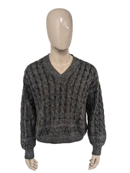 Vintage Castella Alpaca / Wollen trui met V-Hals. Grijs Gekleurde spikkels gemêleerd. Maat XL. 4% Wol en 10% Alpaca Wol.