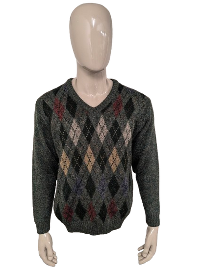 Greenwoods Alpaca / Wollen trui met V-Hals. Groen met Argyle print. Maat L. 18% Wol en 9% Alpaca Wol.