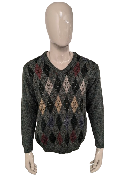 Greenwoods Alpaca / Wollen trui met V-Hals. Groen met Argyle print. Maat L. 18% Wol en 9% Alpaca Wol.