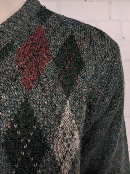 Greenwoods Alpaca / Wollen trui met V-Hals. Groen met Argyle print. Maat L. 18% Wol en 9% Alpaca Wol.