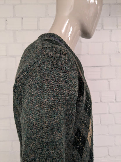 Greenwoods Alpaca / Wollen trui met V-Hals. Groen met Argyle print. Maat L. 18% Wol en 9% Alpaca Wol.