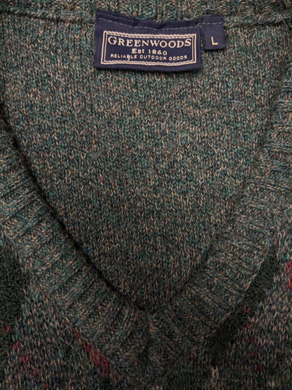 Greenwoods Alpaca / Wollen trui met V-Hals. Groen met Argyle print. Maat L. 18% Wol en 9% Alpaca Wol.