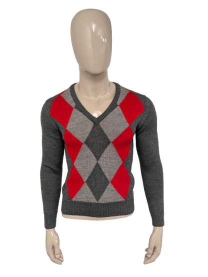 Mailcott trui met V-Hals. Grijs Rode ruiten. Maat S.