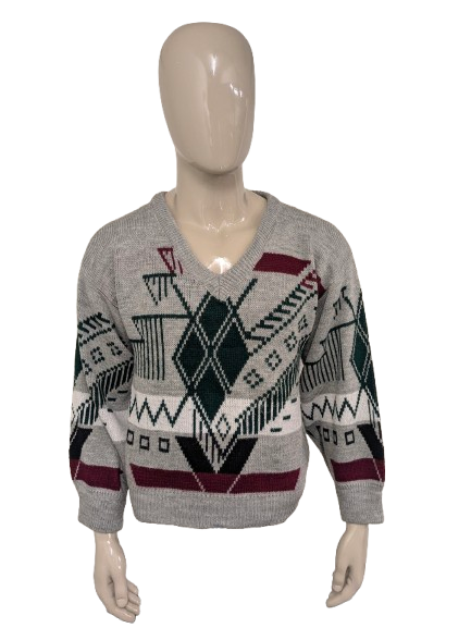 Coskun trui met V-Hals. Grijs Rood Groen gekleurd. Maat L.