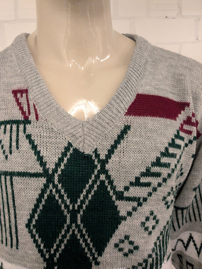 Coskun trui met V-Hals. Grijs Rood Groen gekleurd. Maat L.
