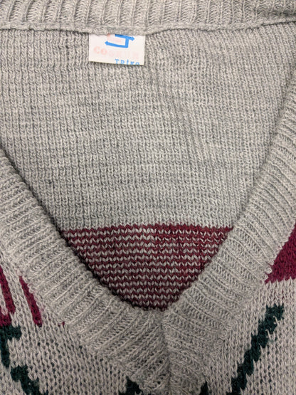 Coskun trui met V-Hals. Grijs Rood Groen gekleurd. Maat L.