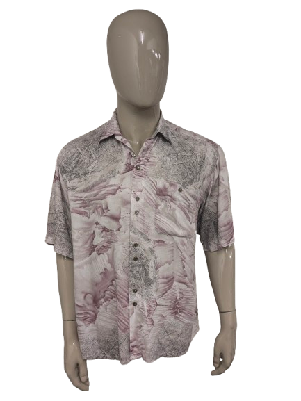 Vintage 80er/90er-Hemd mit kurzen Ärmeln – lila/khaki/grauer Aufdruck – Größe 2XL