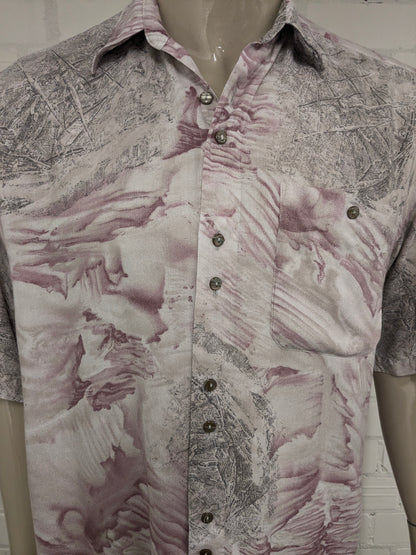 Vintage 80's / 90's short sleeve shirt. Purple Khaki Gray print. Size 2XL / XXL.