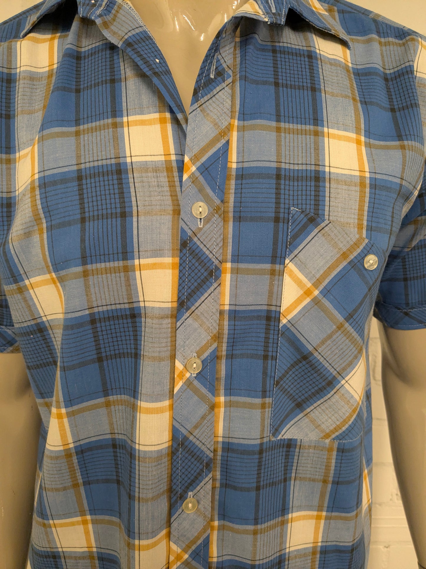 Vintage 70's Zornica overhemd korte mouw. Geel Blauw Zwart geruit. Maat L.
