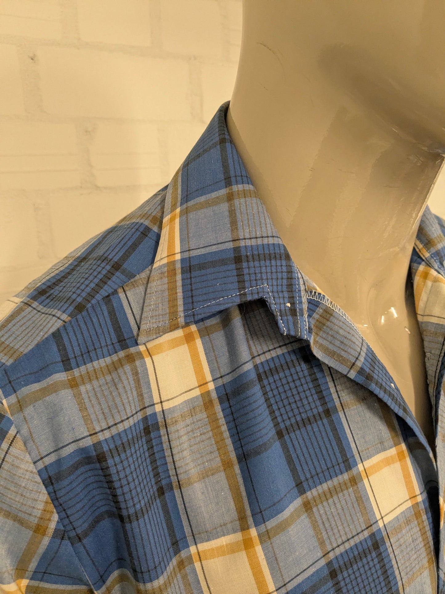 Vintage 70's Zornica overhemd korte mouw. Geel Blauw Zwart geruit. Maat L.