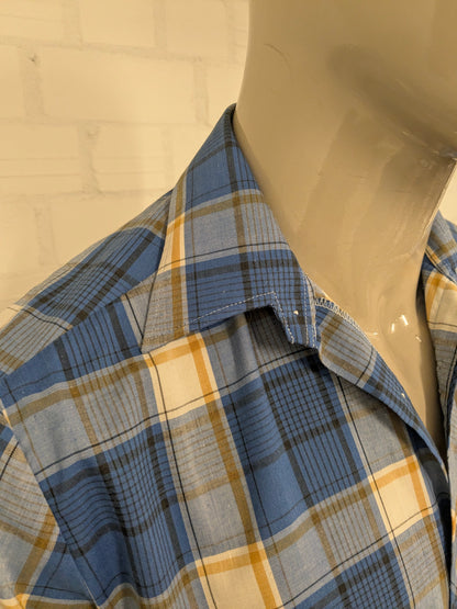 Vintage 70's Zornica overhemd korte mouw. Geel Blauw Zwart geruit. Maat L.