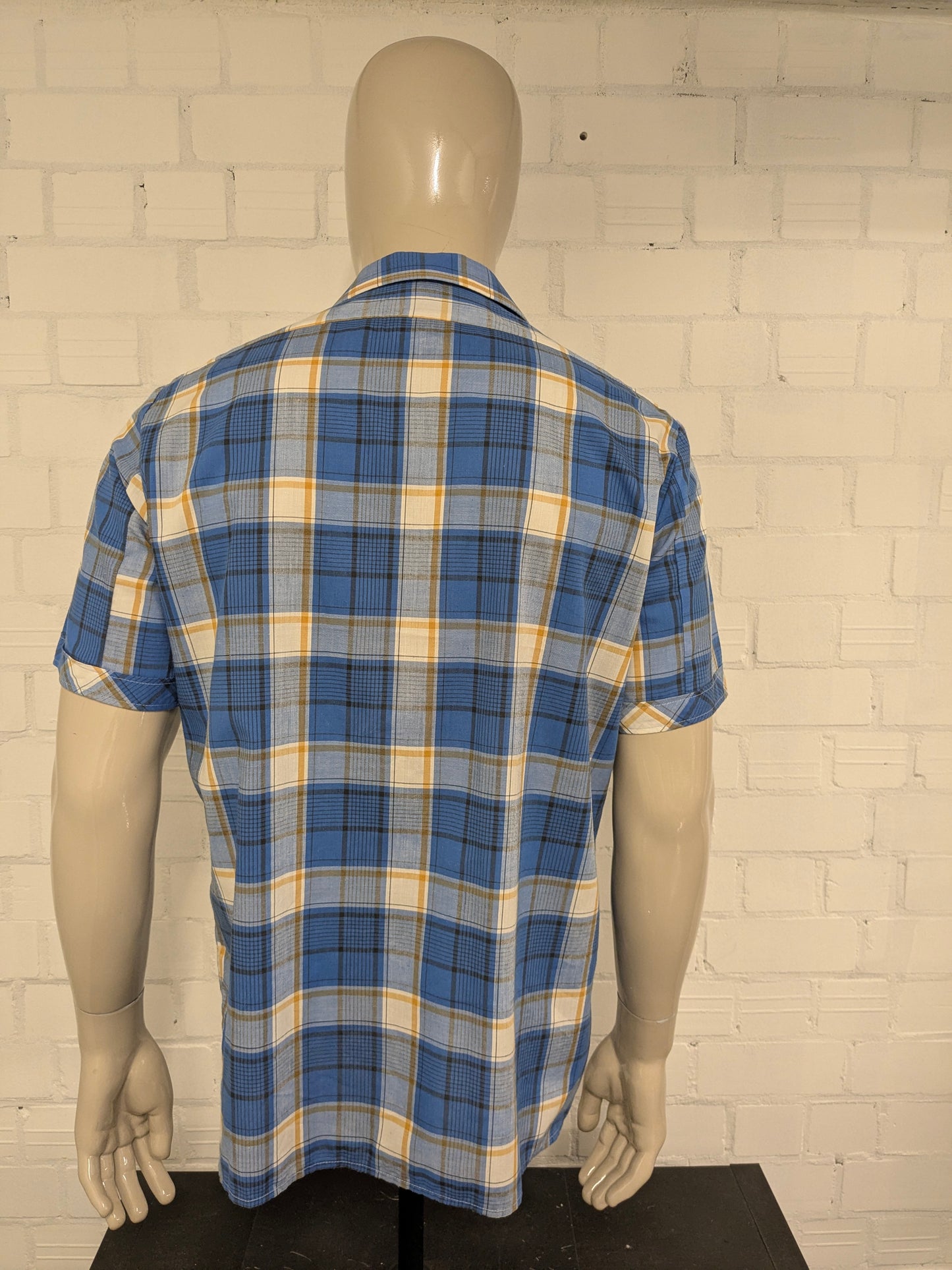 Vintage 70's Zornica overhemd korte mouw. Geel Blauw Zwart geruit. Maat L.