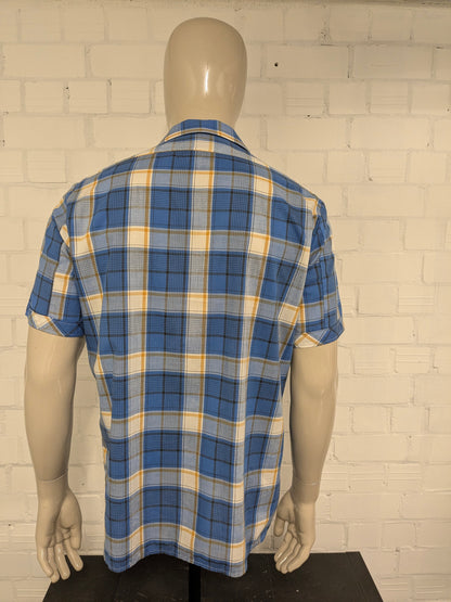 Vintage 70's Zornica overhemd korte mouw. Geel Blauw Zwart geruit. Maat L.