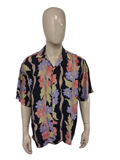 Vintage 80's / 90's No Name overhemd korte mouw. Rood Paars Groene bloemen print. Maat XL.