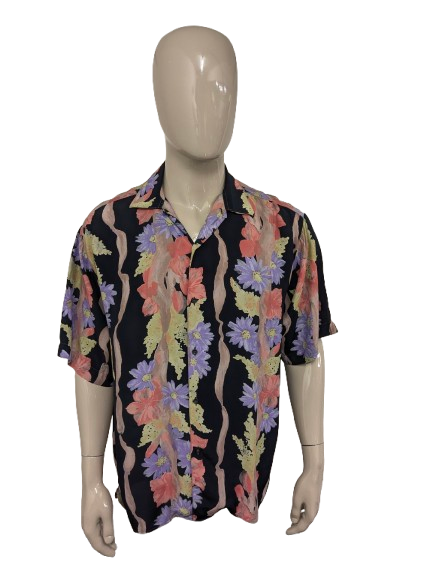 Vintage 80's / 90's No Name overhemd korte mouw. Rood Paars Groene bloemen print. Maat XL.
