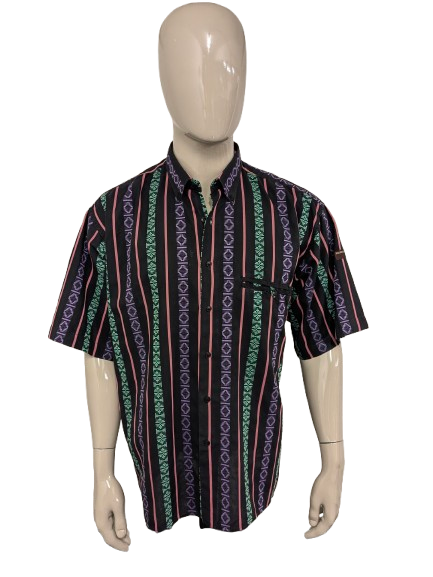 Vintage 80's / 90's Fictif overhemd korte mouw. Zwart Groen Paars Roze gekleurd. Maat XL.