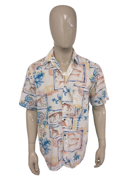 Vintage 80's / 90's Fashion overhemd korte mouw Blauw Geel Roze print. Maat L.