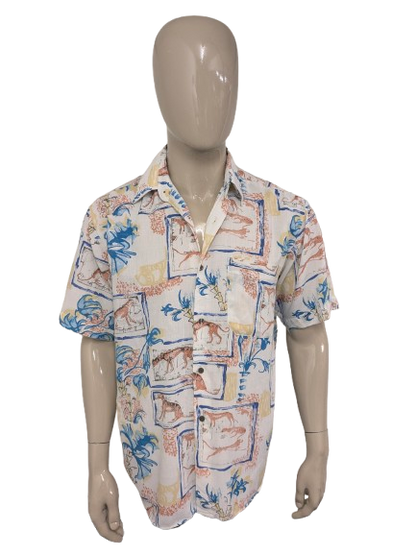 Vintage 80's / 90's Fashion overhemd korte mouw Blauw Geel Roze print. Maat L.