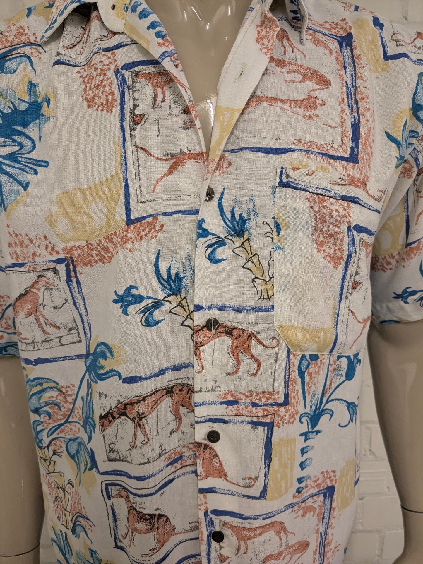 Vintage 80's / 90's Fashion overhemd korte mouw Blauw Geel Roze print. Maat L.