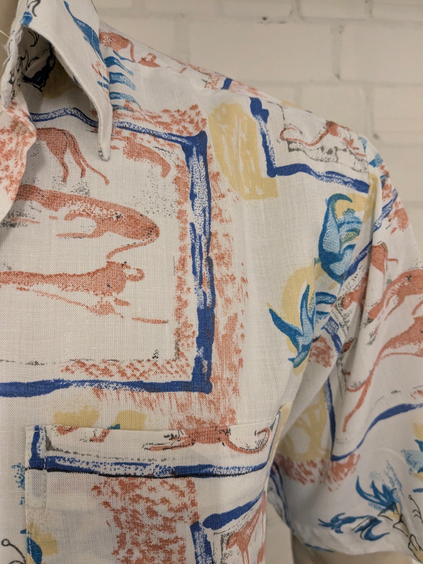 Vintage 80's / 90's Fashion overhemd korte mouw Blauw Geel Roze print. Maat L.