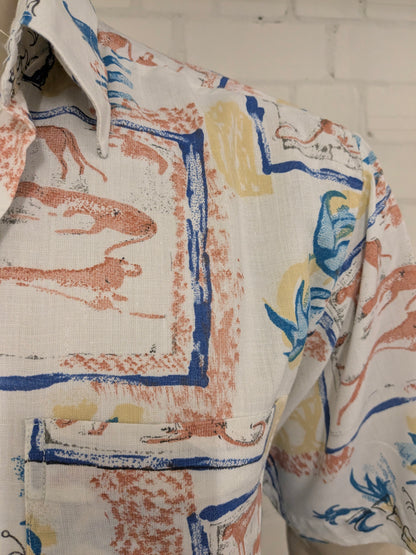 Vintage 80's / 90's Fashion overhemd korte mouw Blauw Geel Roze print. Maat L.