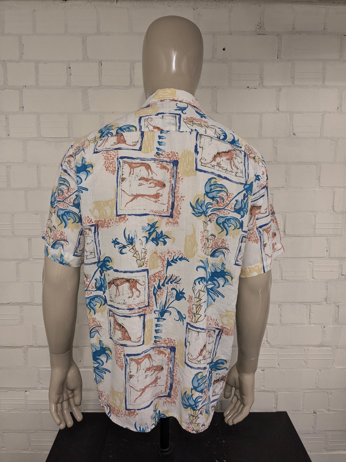 Vintage 80's / 90's Fashion overhemd korte mouw Blauw Geel Roze print. Maat L.