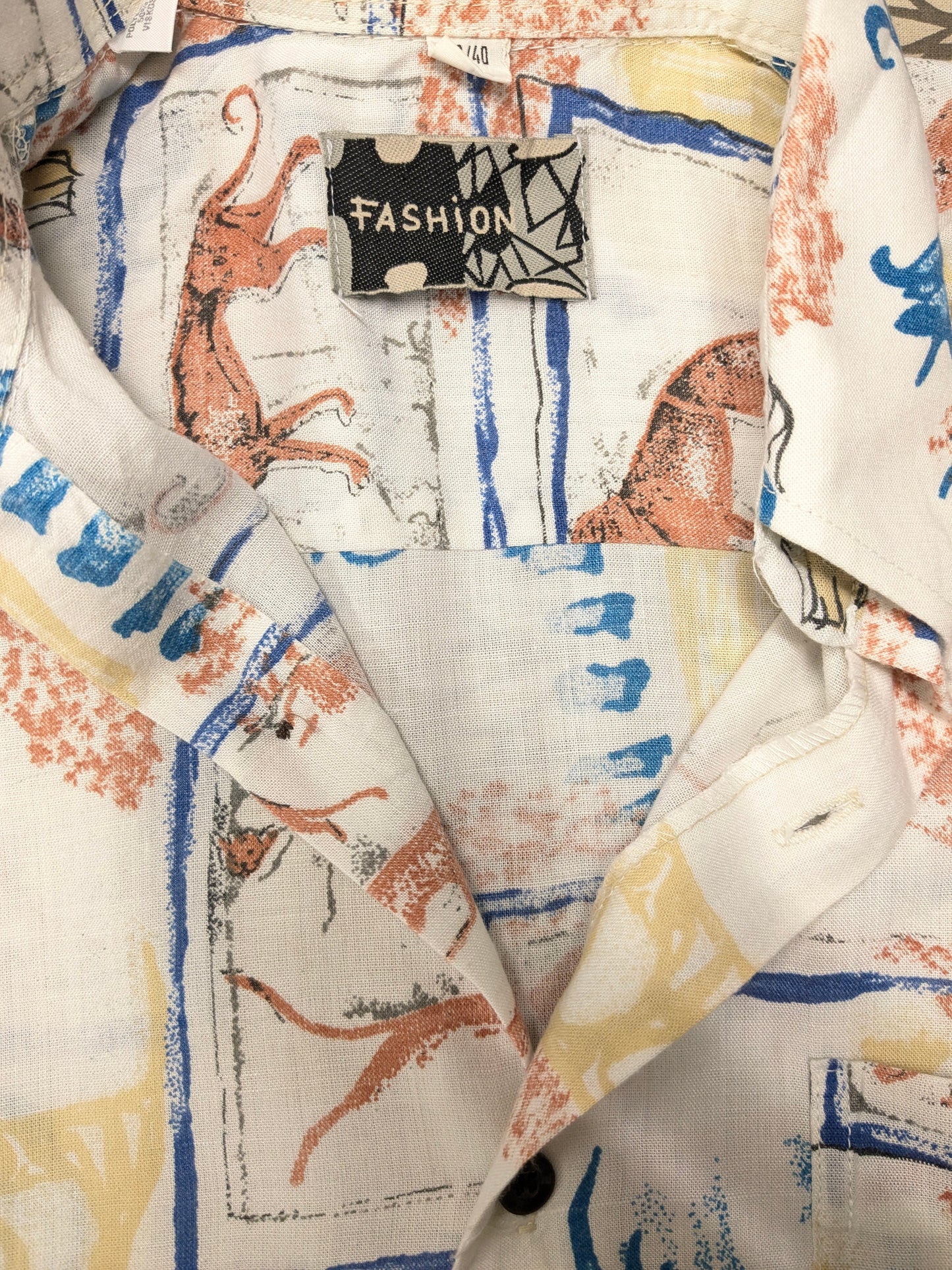 Vintage 80's / 90's Fashion overhemd korte mouw Blauw Geel Roze print. Maat L.