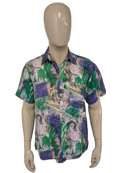 Vintage 80's / 90's United shirt overhemd korte mouw. Groen Paars Roze print. Maat L.