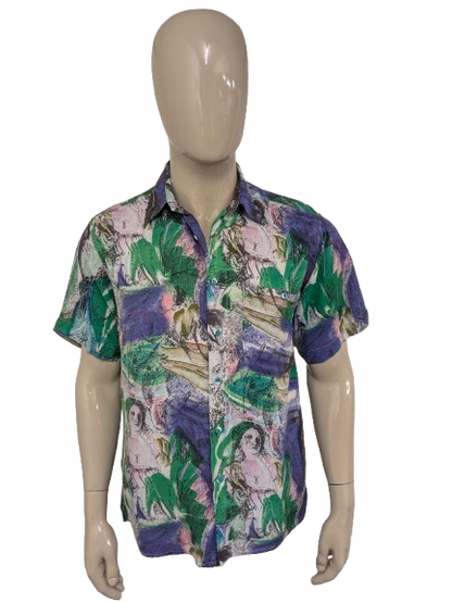 Vintage 80's / 90's United shirt overhemd korte mouw. Groen Paars Roze print. Maat L.