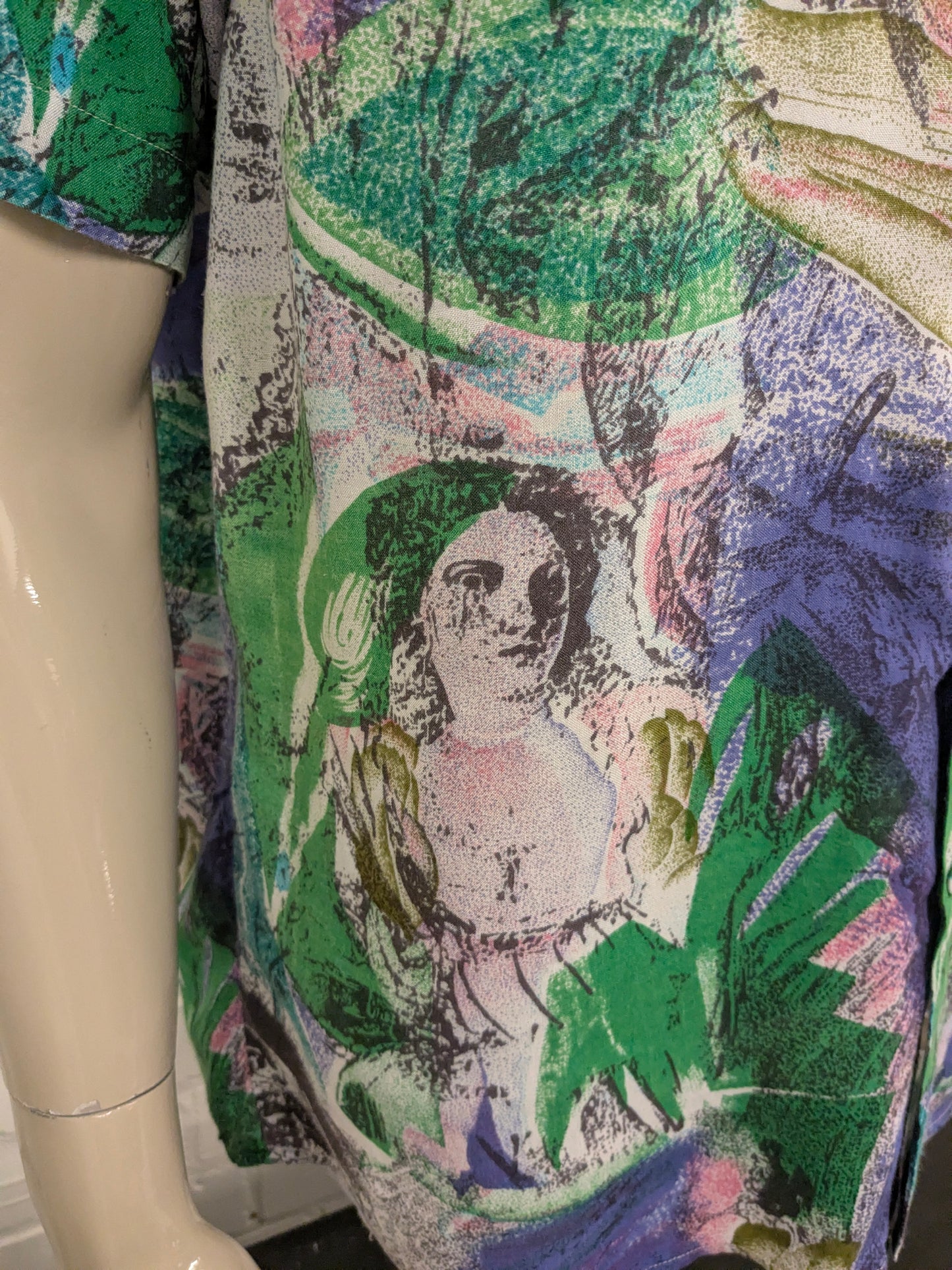 Vintage 80's / 90's United shirt overhemd korte mouw. Groen Paars Roze print. Maat L.