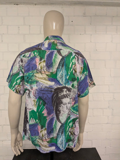Vintage 80's / 90's United shirt overhemd korte mouw. Groen Paars Roze print. Maat L.