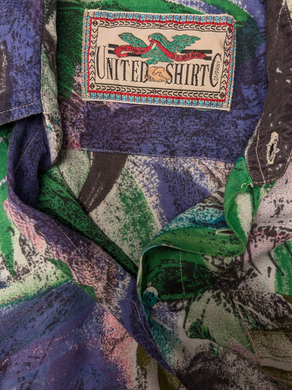 Vintage 80's / 90's United shirt overhemd korte mouw. Groen Paars Roze print. Maat L.