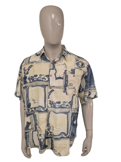 Vintage 80's / 90's Shirt Language Viscose overhemd korte mouw. Geel Blauwe print. Maat XL.