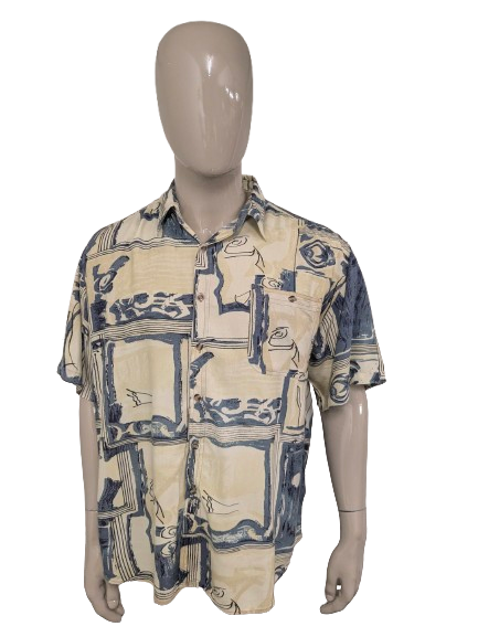 Vintage 80's / 90's Shirt Language Viscose overhemd korte mouw. Geel Blauwe print. Maat XL.