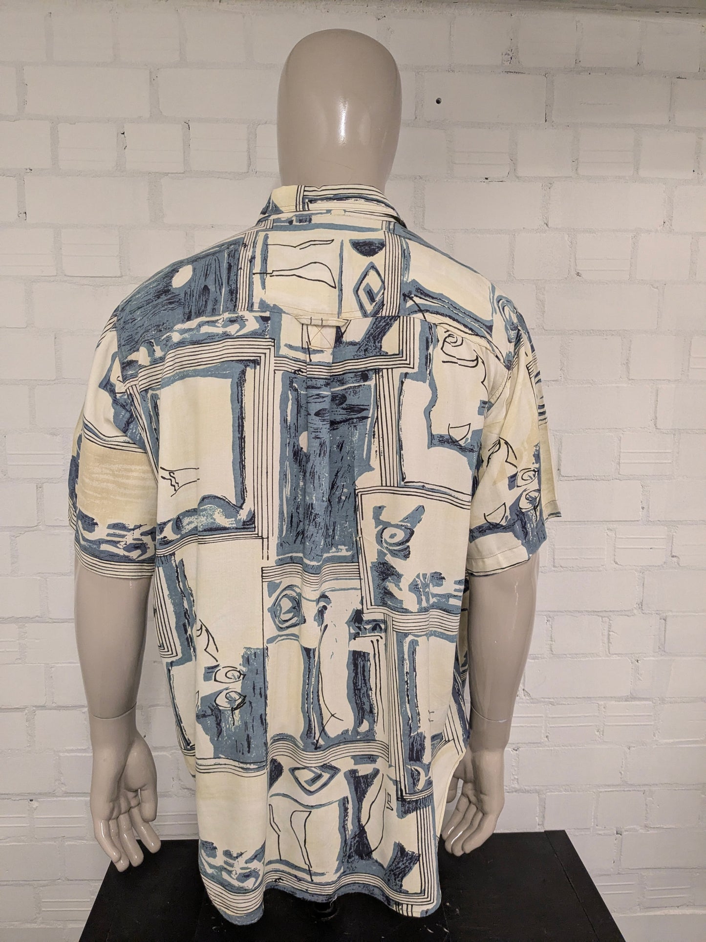Vintage 80's / 90's Shirt Language Viscose overhemd korte mouw. Geel Blauwe print. Maat XL.