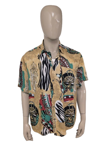 Vintage 80's / 90's Ahlemeyer overhemd korte mouw. Rood Groen Gele tribal print. Maat 2XL / XXL.