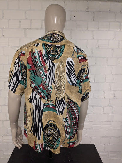 Vintage 80's / 90's Ahlemeyer overhemd korte mouw. Rood Groen Gele tribal print. Maat 2XL / XXL.