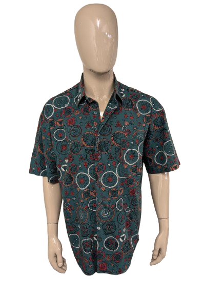 Vintage 80's / 90's Pierre Cardin overhemd korte mouw. groen Rood Oranje print. Maat 2XL / XXL.