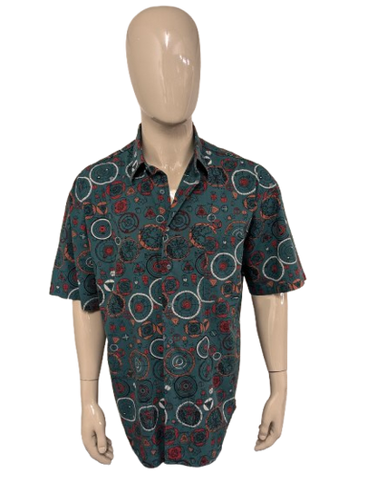 Vintage 80's / 90's Pierre Cardin overhemd korte mouw. groen Rood Oranje print. Maat 2XL / XXL.