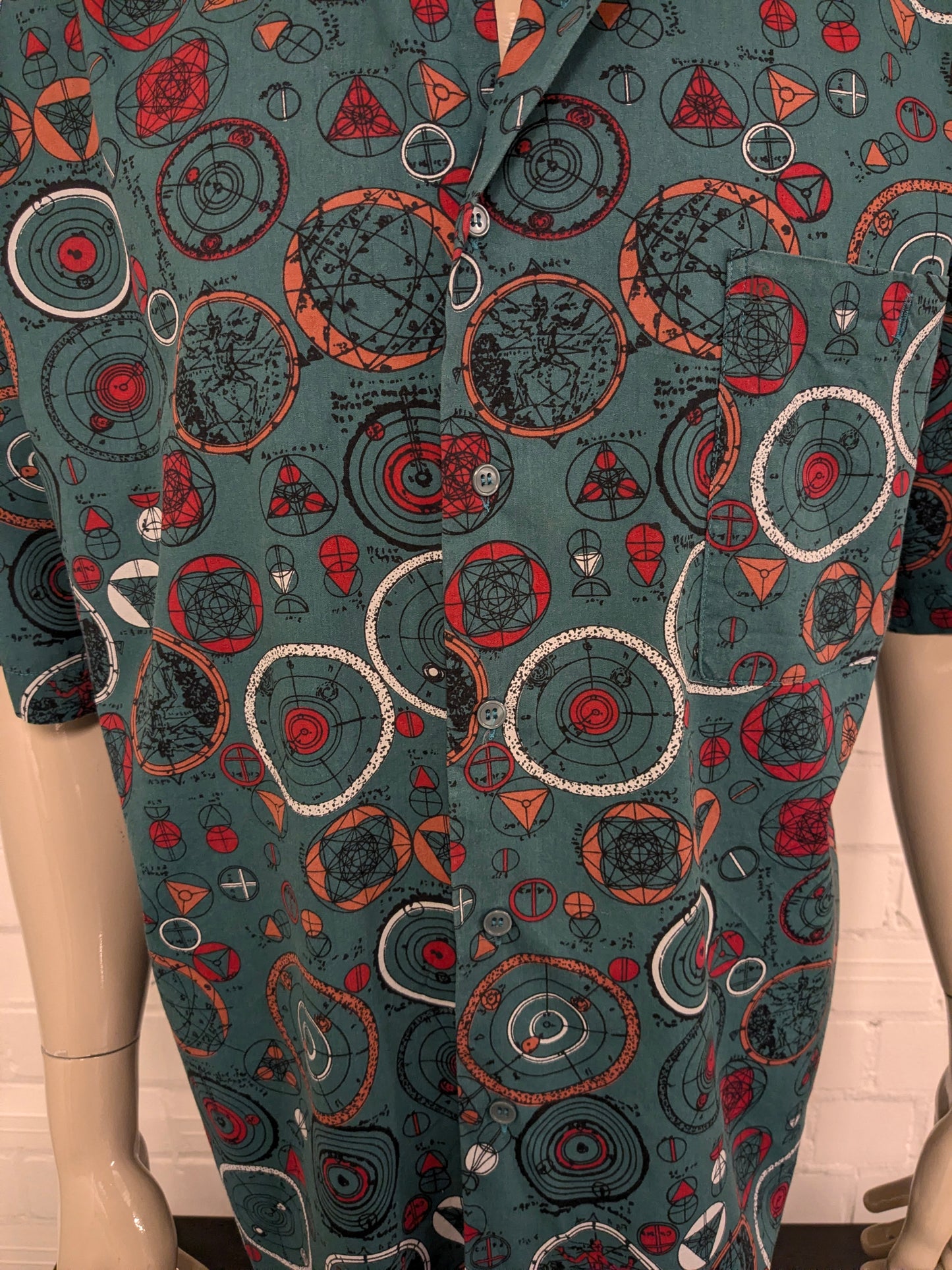Vintage 80's / 90's Pierre Cardin overhemd korte mouw. groen Rood Oranje print. Maat 2XL / XXL.