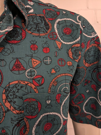 Vintage 80's / 90's Pierre Cardin overhemd korte mouw. groen Rood Oranje print. Maat 2XL / XXL.