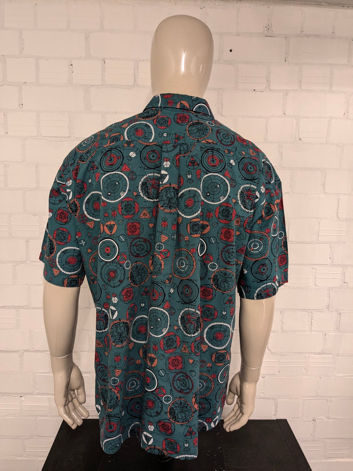 Vintage 80's / 90's Pierre Cardin overhemd korte mouw. groen Rood Oranje print. Maat 2XL / XXL.