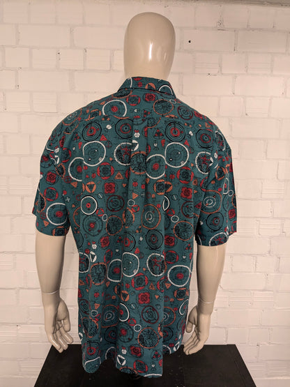Vintage 80's / 90's Pierre Cardin overhemd korte mouw. groen Rood Oranje print. Maat 2XL / XXL.