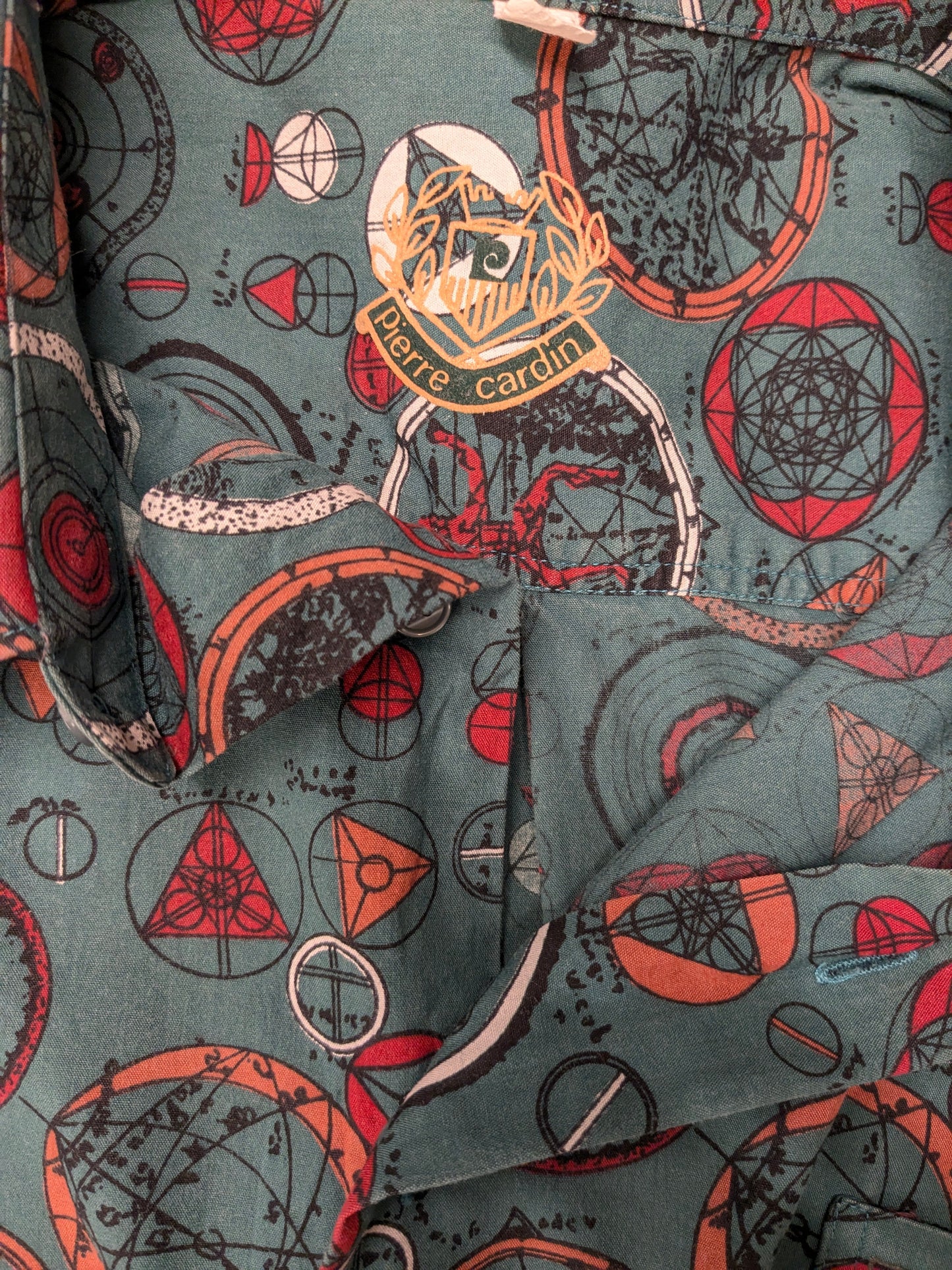 Vintage 80's / 90's Pierre Cardin overhemd korte mouw. groen Rood Oranje print. Maat 2XL / XXL.