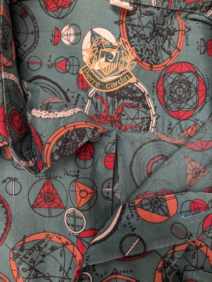 Vintage 80's / 90's Pierre Cardin overhemd korte mouw. groen Rood Oranje print. Maat 2XL / XXL.