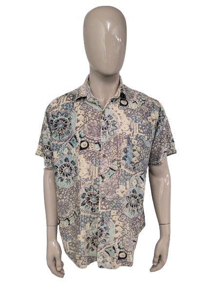 Vintage 80's / 90's Colosseum overhemd korte mouw. Geel Grijs Groene print. Maat 2XL / XXL.